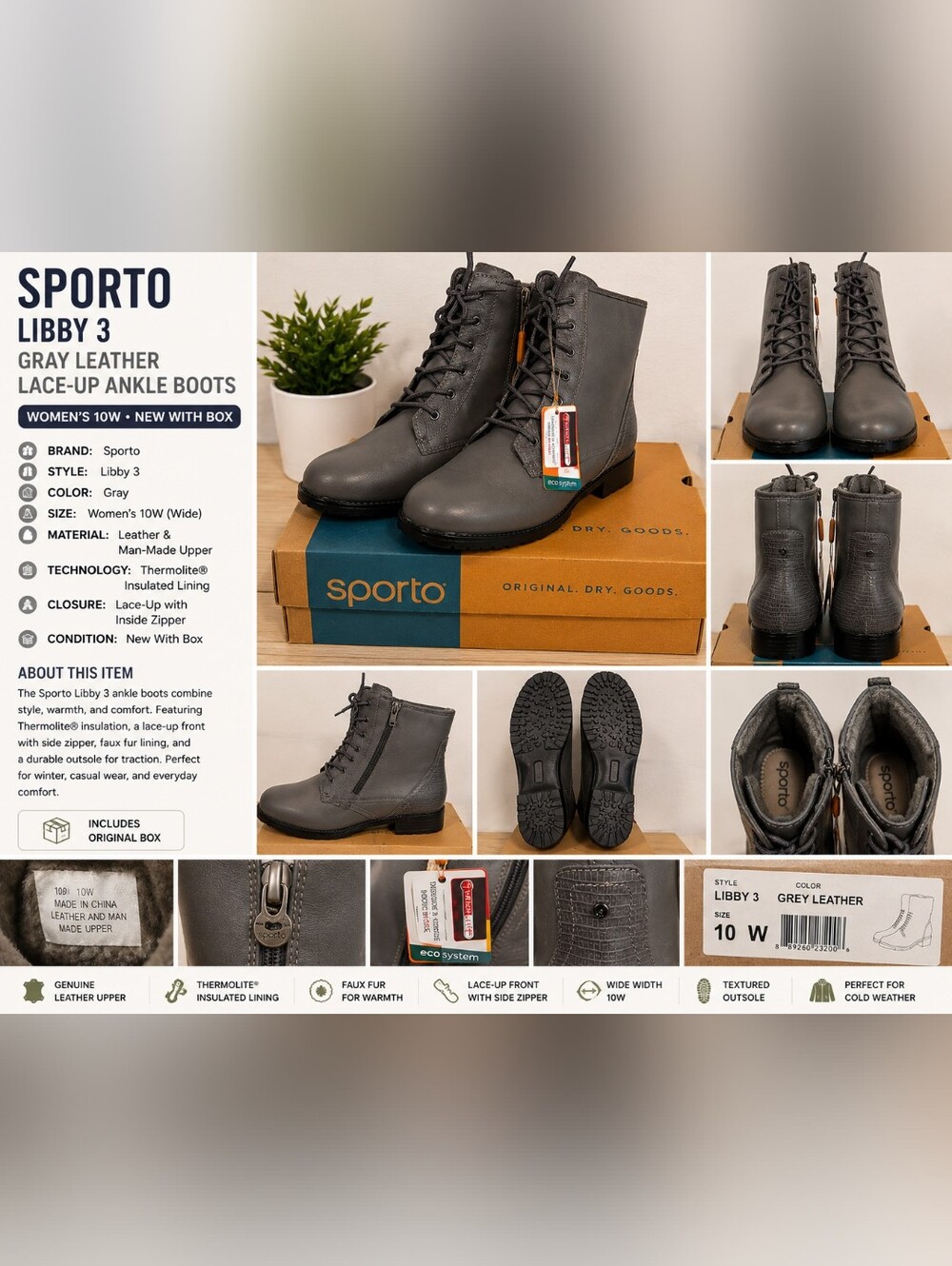 Sporto Libby 3 Gray Leather Lace-Up Ankle Boots Thermolite 10W